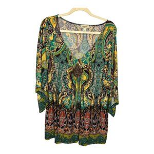 One World Blouse Women's Size 2X Embellished Paisley 3/4 Sleeves Green Brown